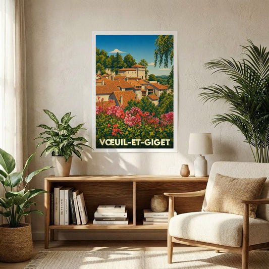 Affiche souvenir de la ville de Vœuil-et-Giget avec une illustration stylisée d'un village pittoresque niché dans la verdure.