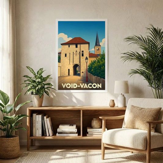 Affiche souvenir de la ville de Void-Vacon avec une illustration stylisée de son patrimoine historique.