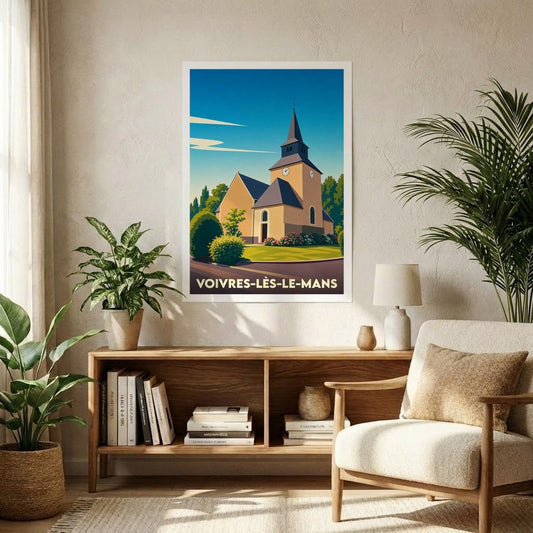 Affiche souvenir de la ville de Voivres-lès-le-Mans avec une illustration stylisée de son église.