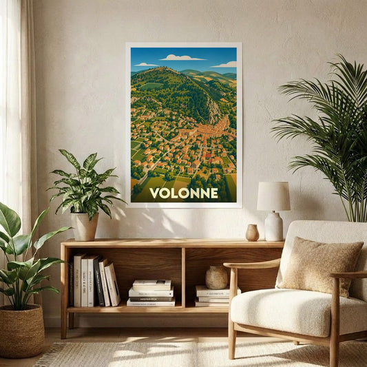 Affiche souvenir de la ville de Volonne présentant une vue panoramique illustrée et colorée.