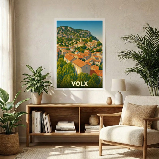 Affiche souvenir de la ville de Volx avec une illustration stylisée d'un village provençal niché au pied d'une colline.