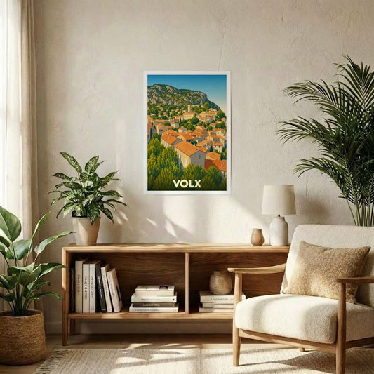 Affiche souvenir de la ville de Volx avec une illustration stylisée.