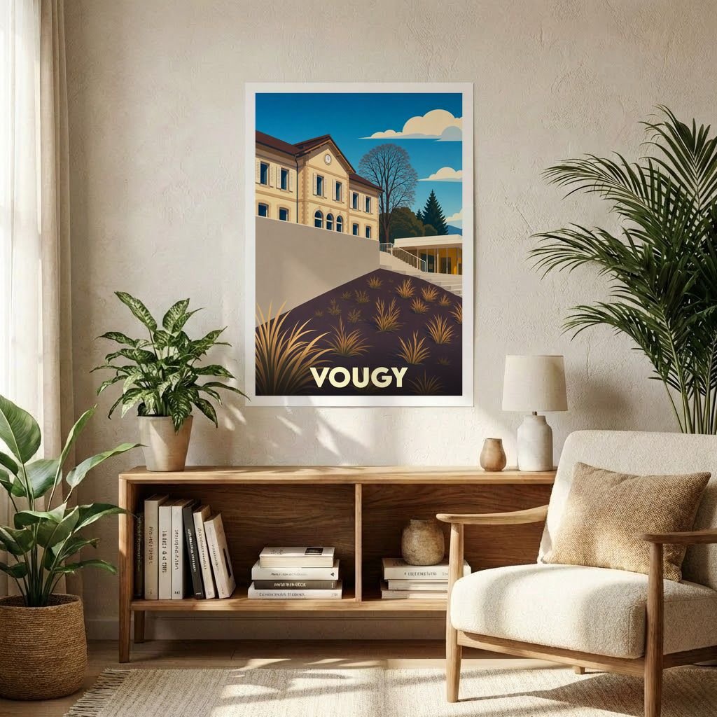 Affiche souvenir de la ville de Vougy présentant une illustration stylisée et colorée de son architecture.