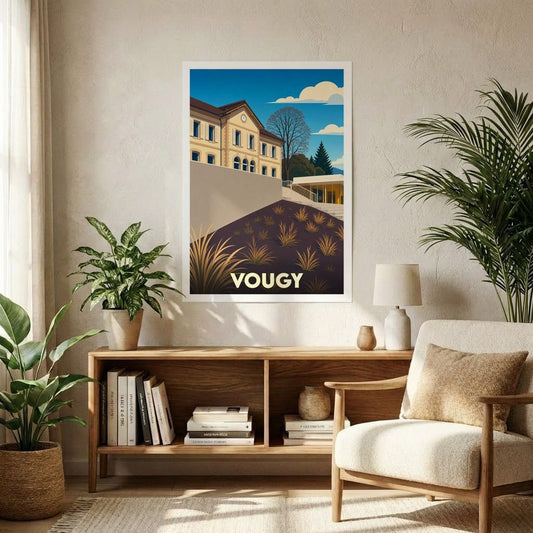 Affiche souvenir de la ville de Vougy avec une illustration graphique au style vintage.