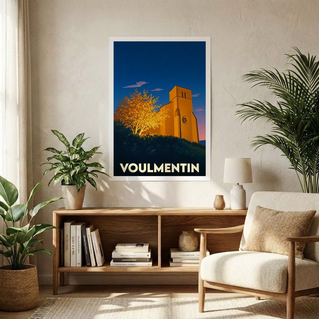 Affiche souvenir de la ville de Voulmentin présentant une illustration stylisée d'une église et d'un arbre doré au crépuscule.