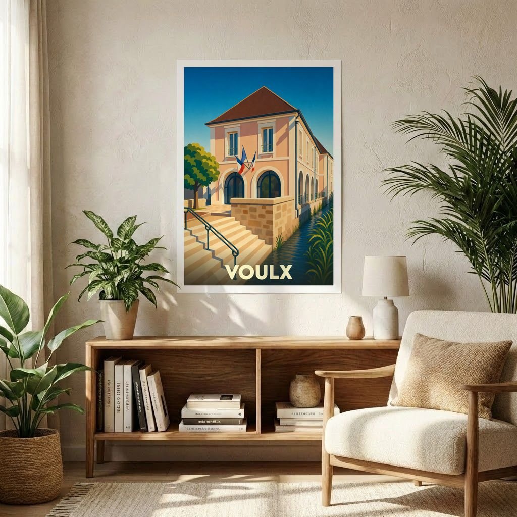Affiche souvenir de la ville de Voulx illustrant sa mairie au bord de l'eau dans un style graphique épuré.