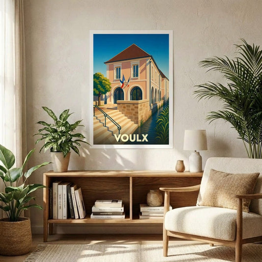 Affiche souvenir de la ville de Voulx illustrant sa mairie au bord de l'eau dans un style graphique épuré.
