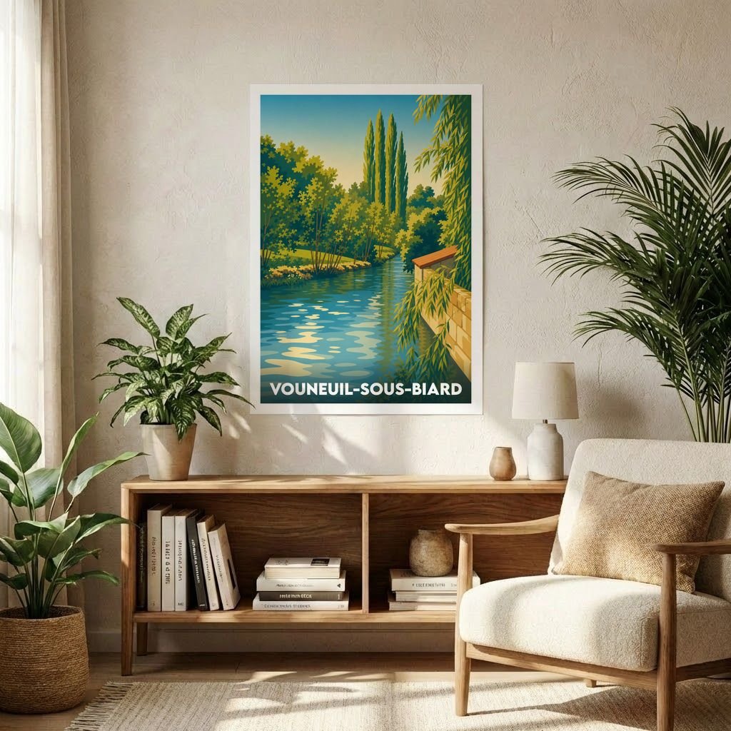 Affiche souvenir de la ville de Vouneuil-sous-Biard représentant un paysage de rivière illustré dans un style rétro.
