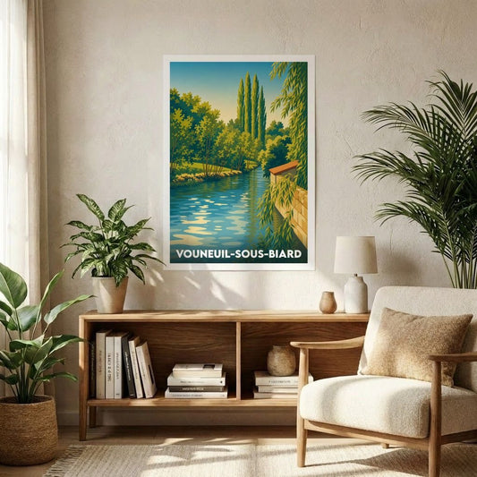 Affiche souvenir de la ville de Vouneuil-sous-Biard représentant un paysage de rivière illustré dans un style rétro.