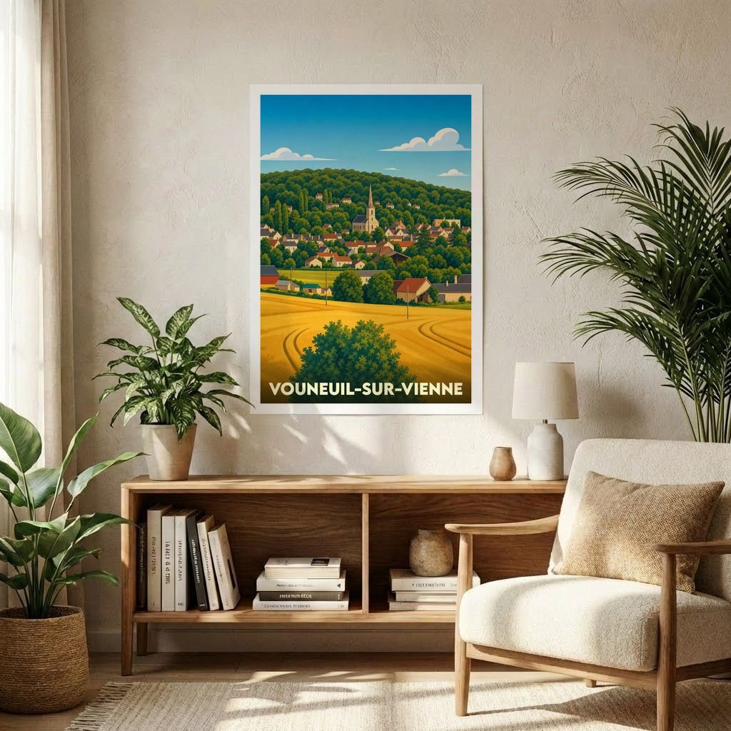 Affiche souvenir de la ville de Vouneuil-sur-Vienne avec une illustration stylisée d'un paysage de campagne.
