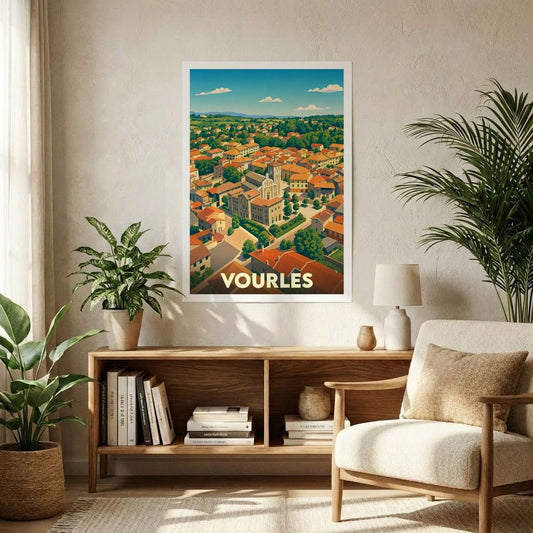 Affiche souvenir de la ville de Vourles avec une illustration panoramique stylisée.