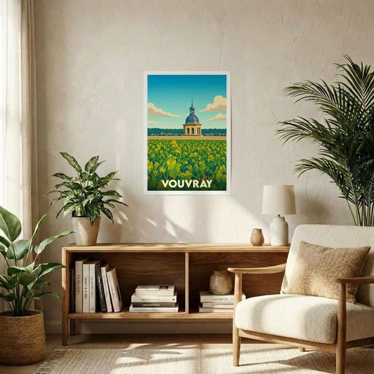Affiche souvenir de la ville de Vouvray représentant un clocher surplombant des vignes dans un style graphique épuré.
