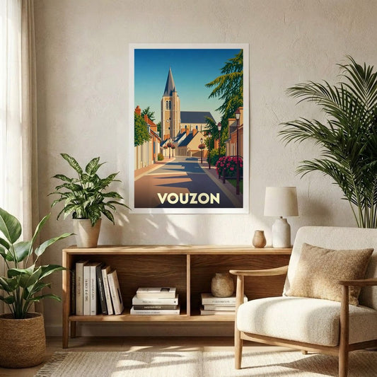 Affiche souvenir de la ville de Vouzon avec une illustration stylisée d'une rue menant à l'église.