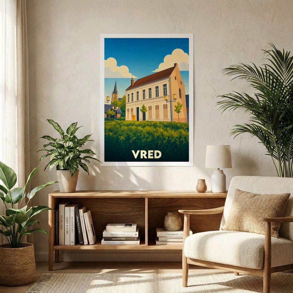 Affiche souvenir de la ville de Vred présentant une illustration stylisée d'un bâtiment historique sous un ciel bleu.