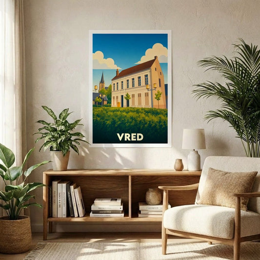 Affiche souvenir de la ville de Vred présentant une illustration stylisée d'un bâtiment historique sous un ciel bleu.