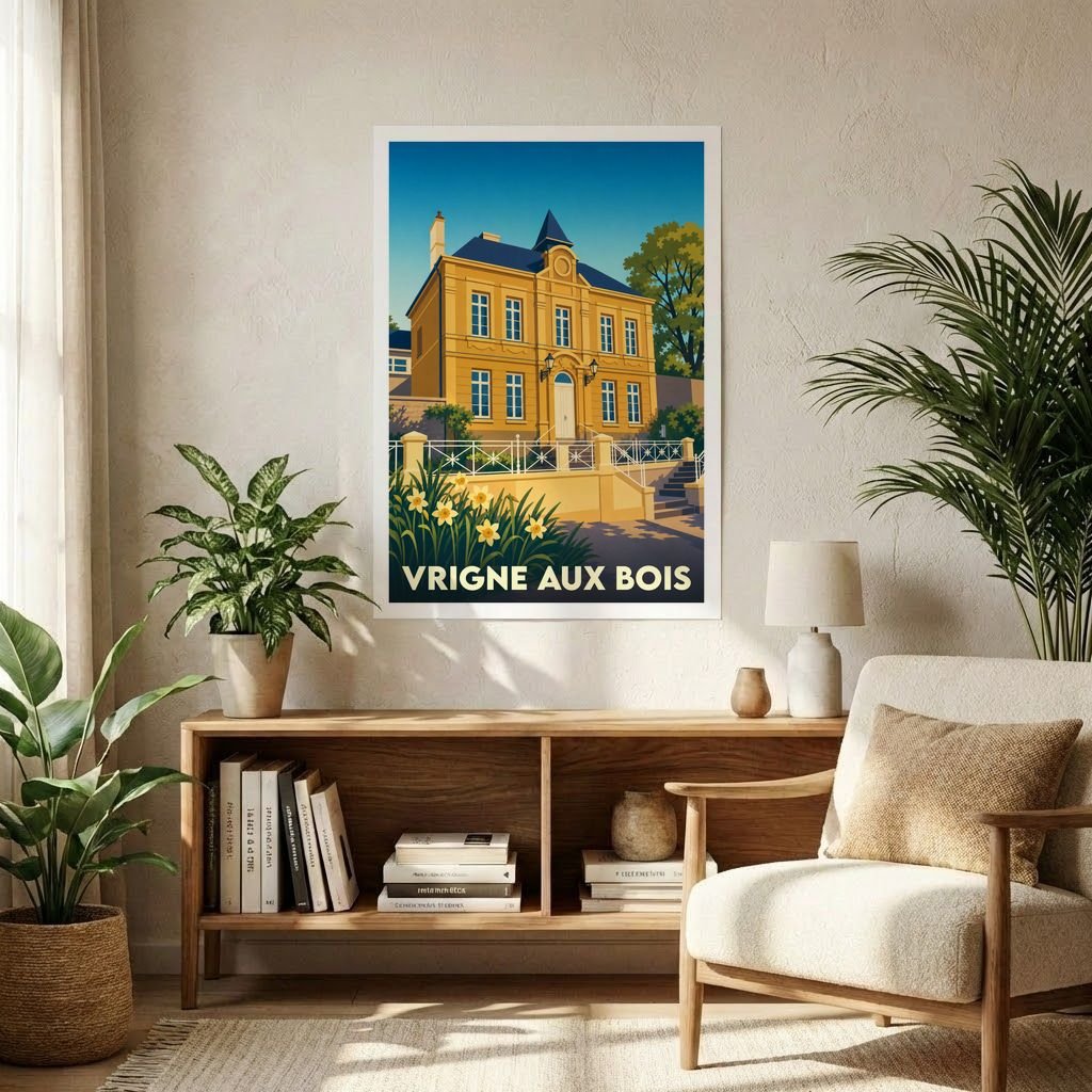 Affiche souvenir de la ville de Vrigne aux Bois illustrant une élégante bâtisse jaune dans un style vintage.