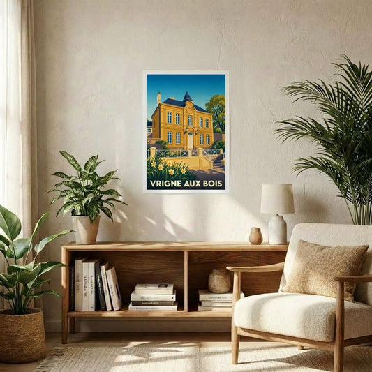 Affiche souvenir de la ville de Vrigne aux Bois avec une illustration stylisée d'une maison de maître.