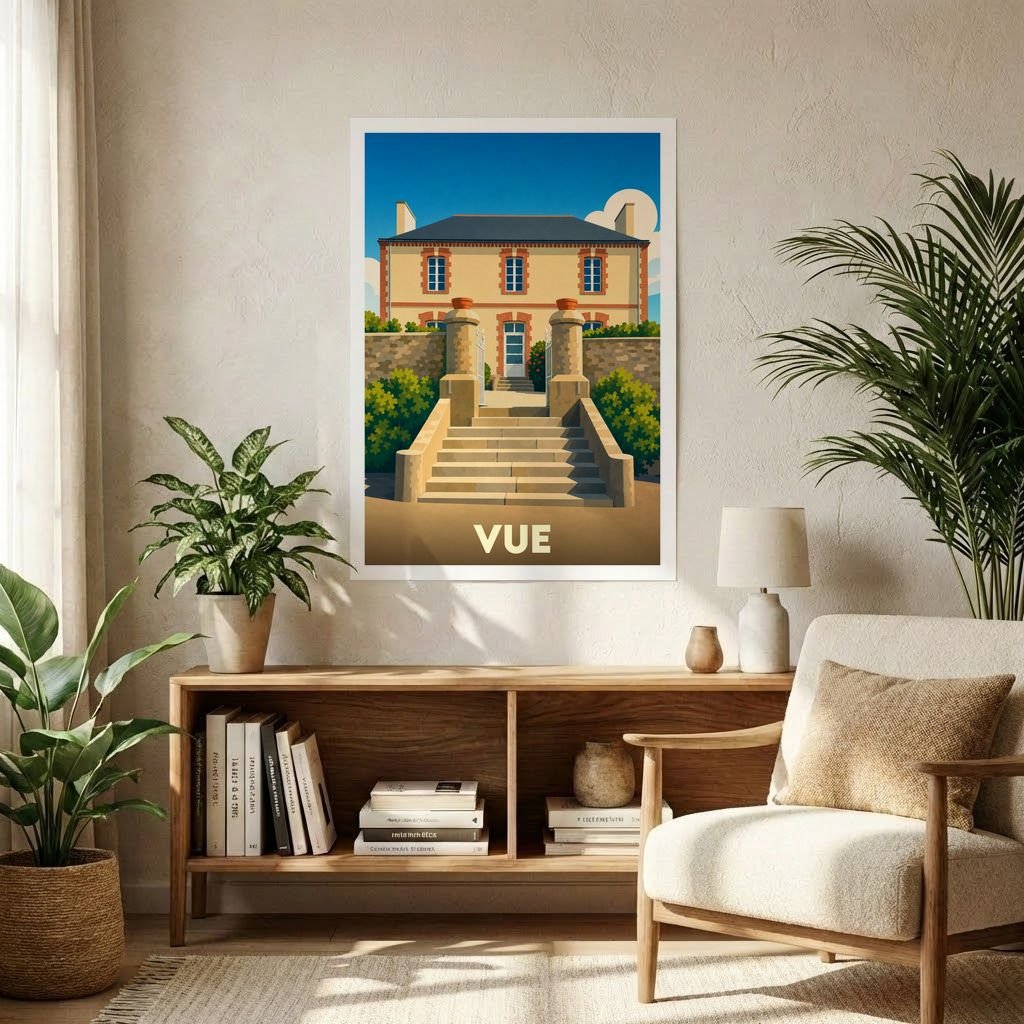 Affiche souvenir de la ville de Vue avec une illustration stylisée d'une maison de maître.