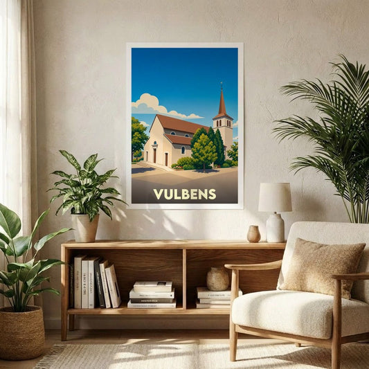 Affiche souvenir de la ville de Vulbens présentant une illustration stylisée de son église sous un ciel bleu.