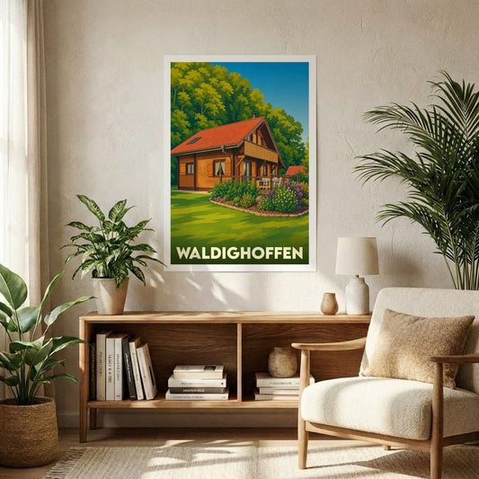 Affiche souvenir de la ville de Waldighoffen illustrant un chalet en bois dans un cadre verdoyant.