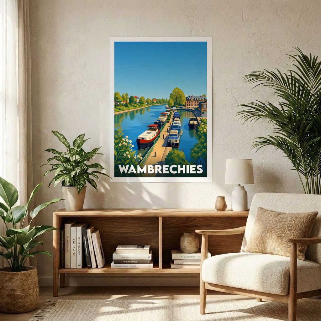 Affiche souvenir de la ville de Wambrechies avec une illustration stylisée de son port de plaisance.