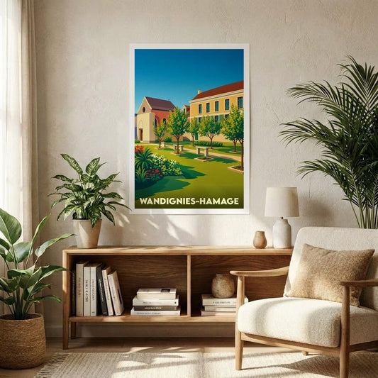 Affiche souvenir de la ville de Wandignies-Hamage avec une illustration stylisée et colorée de son patrimoine.