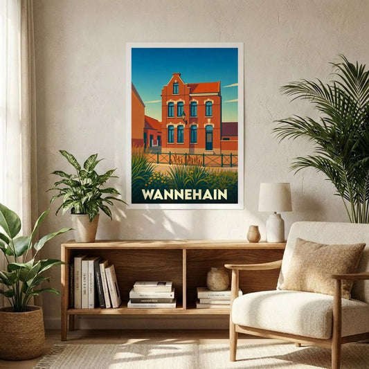 Affiche souvenir de la ville de Wannehain avec une illustration stylisée d'une maison de briques rouges typique.
