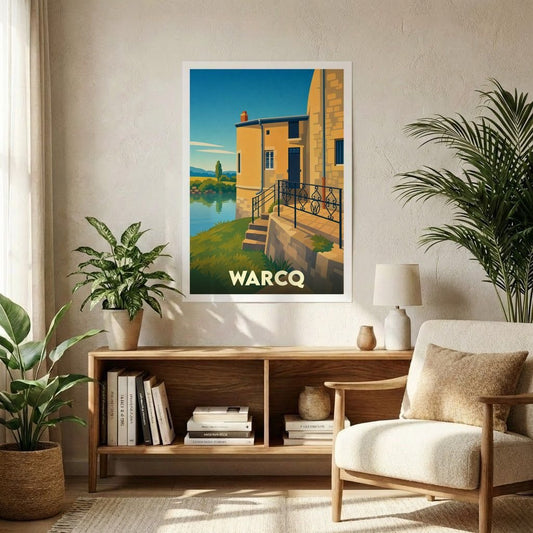 Affiche souvenir de la ville de Warcq présentant une illustration stylisée et colorée de ses paysages en bord de Meuse.