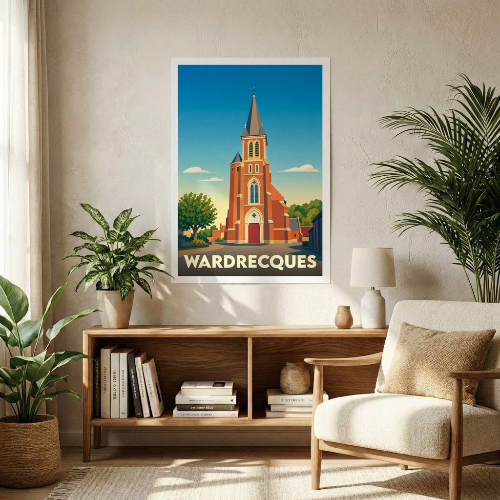 Affiche souvenir de la ville de Wardrecques avec une illustration stylisée de son église.