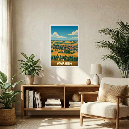 Affiche souvenir de la ville de Warhem avec une illustration panoramique stylisée.