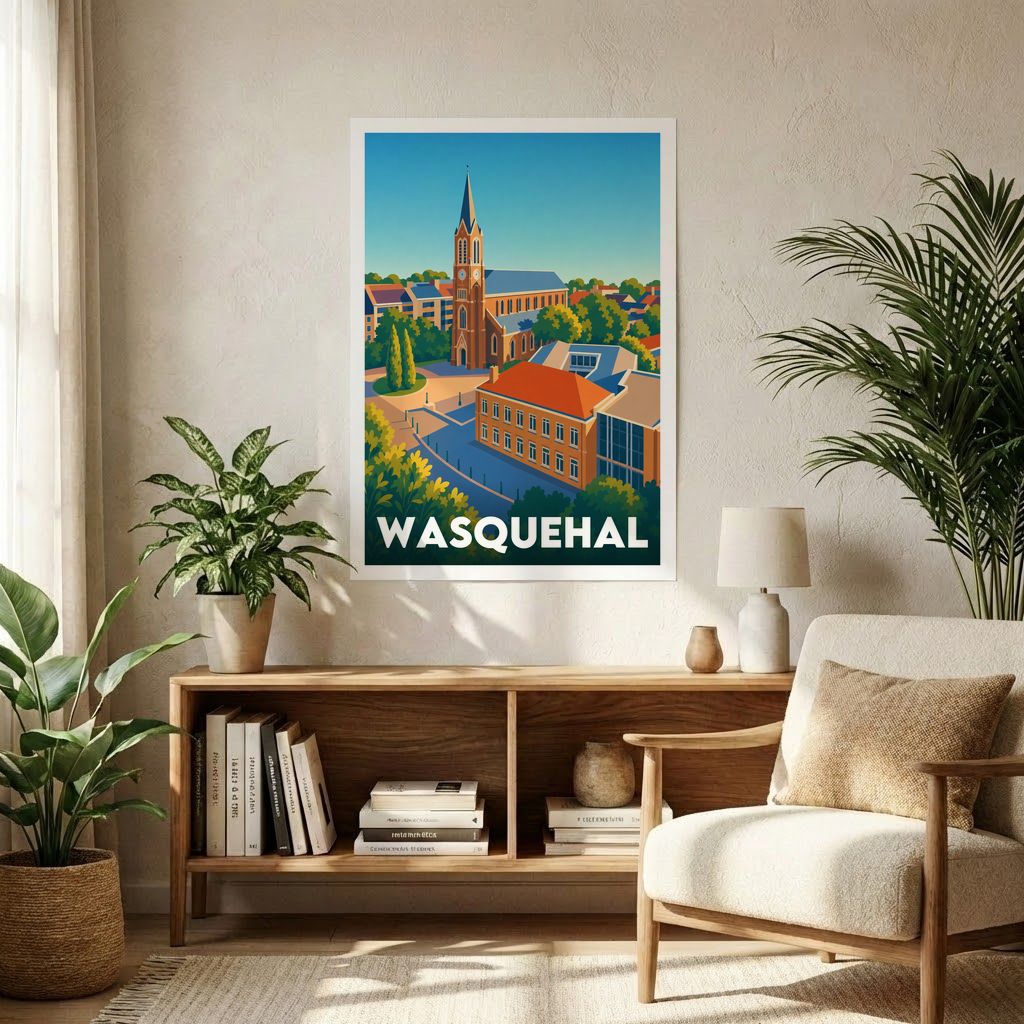 Affiche souvenir de la ville de Wasquehal avec une illustration colorée et stylisée.