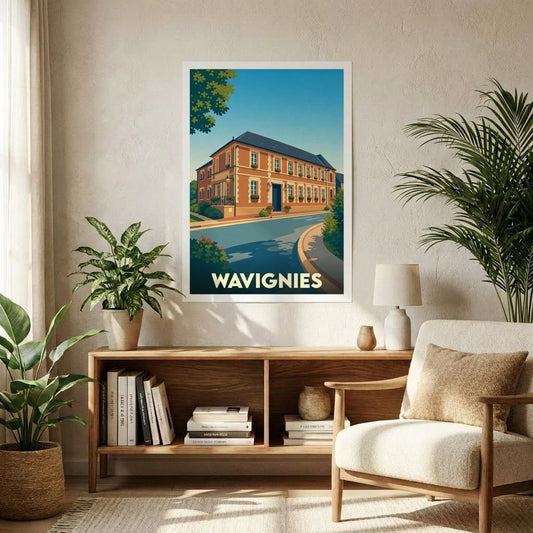Affiche souvenir de la ville de Wavignies avec une illustration stylisée d'un bâtiment typique.