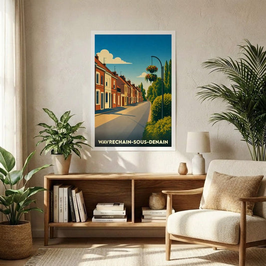Affiche souvenir de la ville de Wavrechain-sous-Denain avec une illustration stylisée d'une rue bordée de maisons en briques.