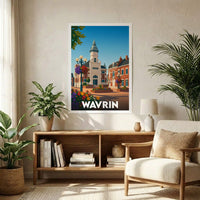 Affiche souvenir de la ville de Wavrin avec une illustration stylisée de son architecture urbaine.