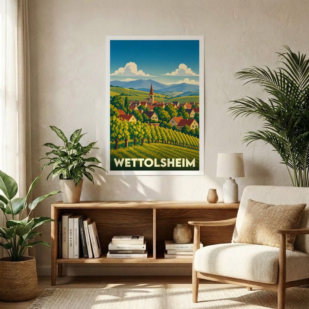 Affiche souvenir de la ville de Wettolsheim représentant un paysage de vignobles et de montagnes avec une illustration stylisée.