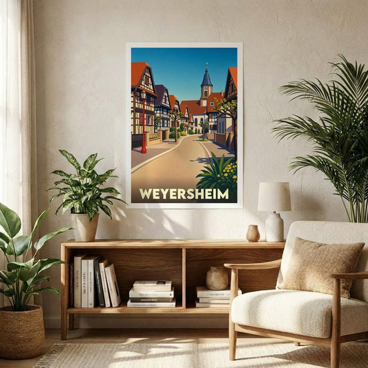 Affiche souvenir de la ville de Weyersheim avec une illustration stylisée de ses maisons à colombages et de son église.