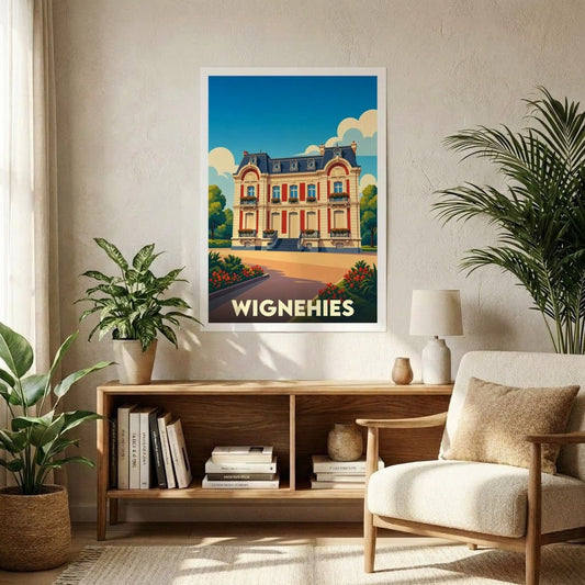 Affiche souvenir de la ville de Wignehies présentant une illustration stylisée d'une élégante bâtisse traditionnelle.