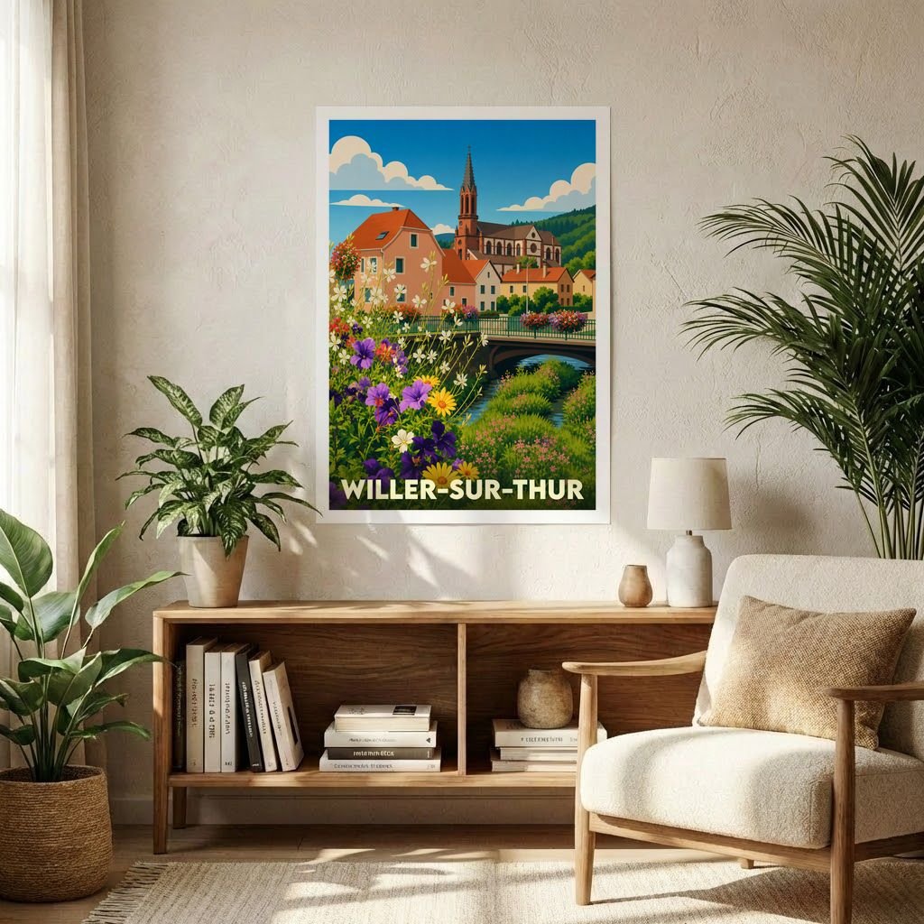 Affiche souvenir de la ville de Willer-sur-Thur avec une illustration stylisée et fleurie de son église et d'un pont.