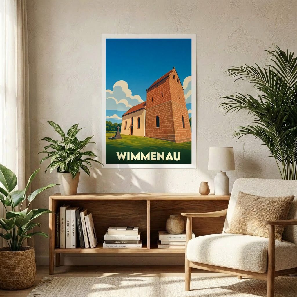 Affiche souvenir de la ville de Wimmenau avec une illustration stylisée de son église historique.