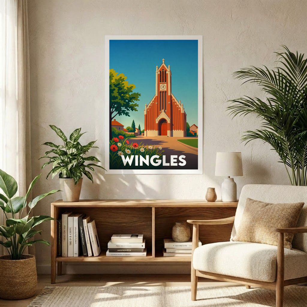 Affiche souvenir de la ville de Wingles présentant une illustration stylisée de son église et de son paysage urbain.