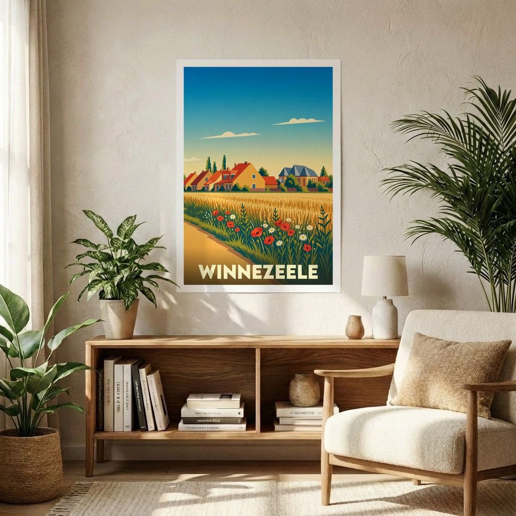 Affiche souvenir de la ville de Winnezeele représentant un paysage rural coloré dans un style graphique épuré.