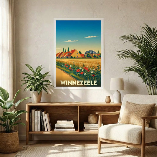 Affiche souvenir de la ville de Winnezeele représentant un paysage rural coloré dans un style graphique épuré.