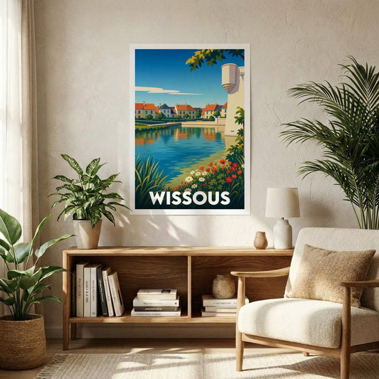 Affiche souvenir de la ville de Wissous avec une illustration stylisée d'un paysage au bord de l'eau.