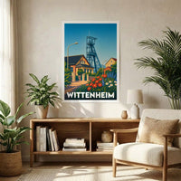 Affiche souvenir de la ville de Wittenheim avec une illustration stylisée de son paysage urbain et de son patrimoine minier.