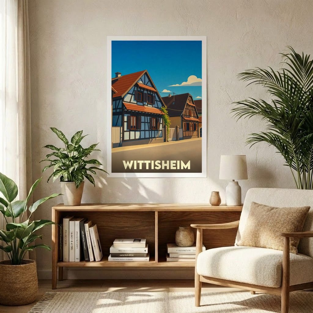 Affiche souvenir de la ville de Wittisheim illustrant des maisons à colombages dans un style rétro.
