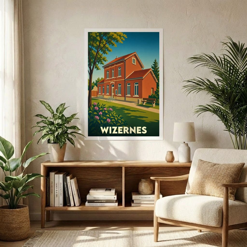 Affiche souvenir de la ville de Wizernes avec une illustration stylisée d'un bâtiment en briques.