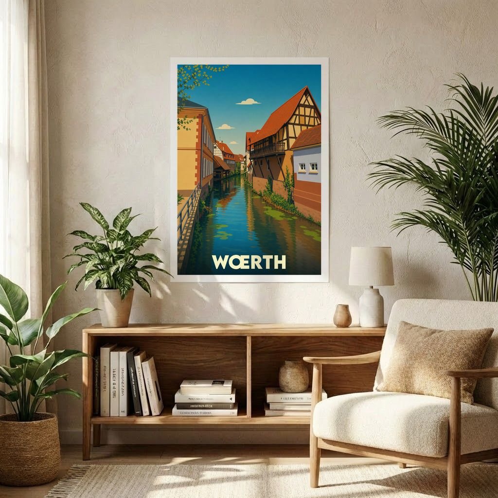 Affiche souvenir de la ville de Wœrth représentant une illustration stylisée d'un canal bordé de maisons à colombages.