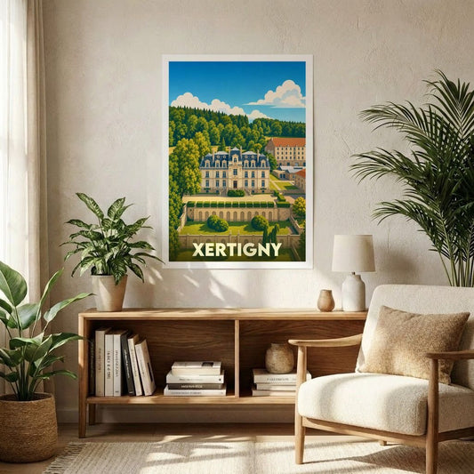 Affiche souvenir de la ville de Xertigny illustrant son château et ses jardins dans un style rétro.