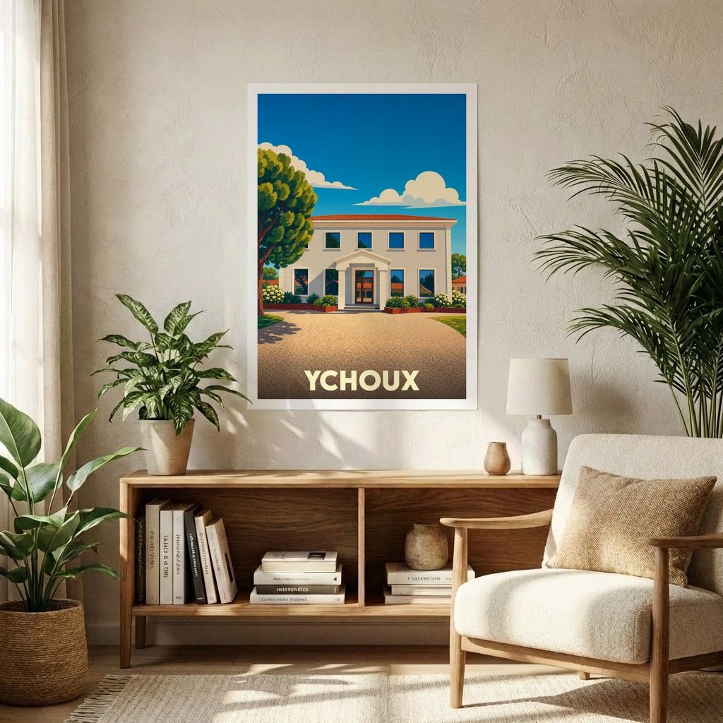 Affiche souvenir de la ville de Ychoux avec une illustration stylisée de sa mairie.