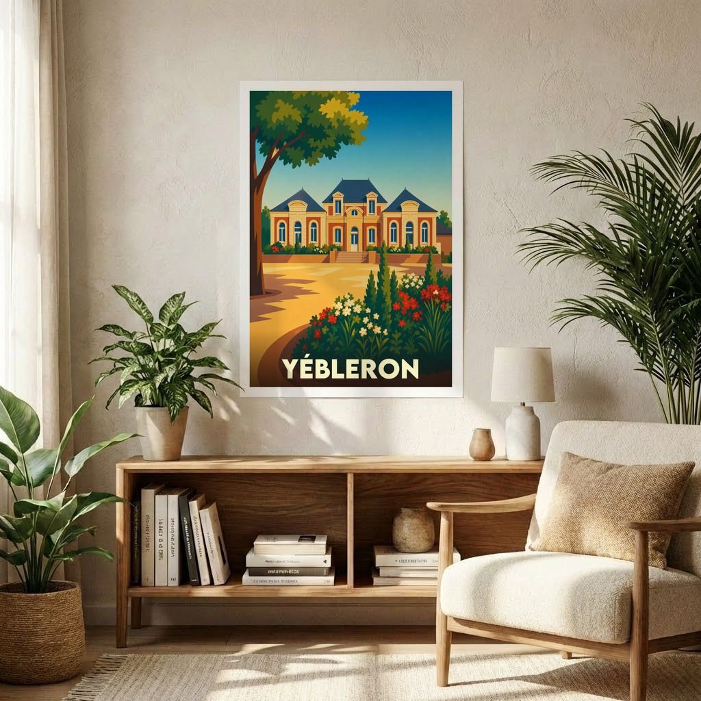 Affiche souvenir de la ville de Yébleron illustrant une élégante bâtisse dans un style graphique coloré.
